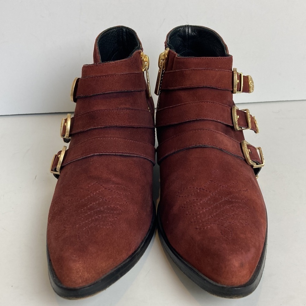 Anine Bing Witchy Western Emma Boots Burgundy Gold Triple Buckle Luxury Cowboy - Picture 8 of 16